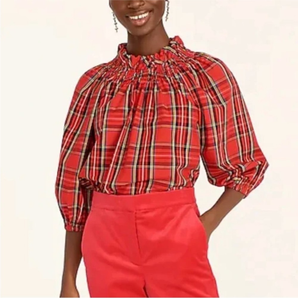 J Crew Smocked-Neck Top in Good Tidings Red Black Cotton Holidays Plaid Size XS
